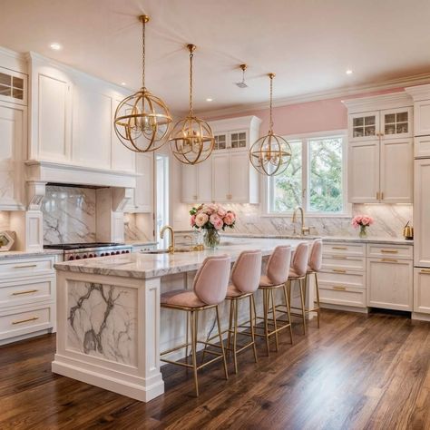 Kitchen Silver Accents, Pink White Gold Kitchen, Pink Farmhouse Kitchen, Vibey Kitchen, Boujee Kitchen, Vintage Glam Kitchen, Luxury White Kitchen Design, Thanksgiving Christmas Tree, Wood Crafts To Sell