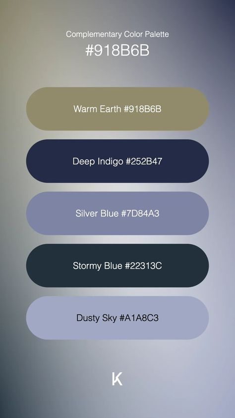 Complementary Color Palette Warm Earth #918B6B · Deep Indigo #252B47 · Silver Blue #7D84A3 · Stormy Blue #22313C · Dusty Sky #A1A8C3 Silver Blue Color Palette, Dusty Blue Color Palette, Complementary Color Palette, Silver Color Palette, Color Palette Warm, Weather Stones, Stormy Blue, Hex Color Palette, Blue Color Palette