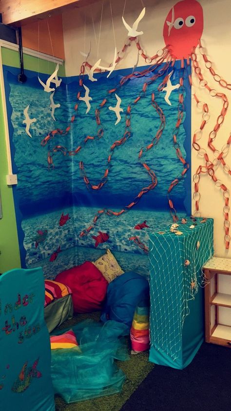 Under The Sea Reading Area, Under The Sea Book Corner, Under The Sea Reading Corner, Ocean Reading Corner, Book Corner Classroom, Role Play Ideas, Reading Corner Classroom, Beach Theme Classroom, Nautical Classroom