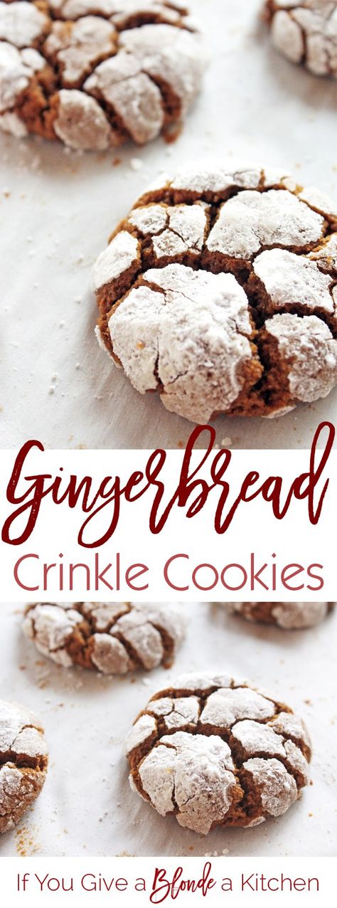 Crinkle cookies get a Christmas makeover. These cookies are made with gingerbread! Chewy, delicious and coated with confectioners' sugar, these Gingerbread Crinkle Cookies are the best! | Recipe by @haleydwilliams Gingerbread Crinkle Cookies, Gingerbread Dessert Recipes, Gingerbread Dessert, Crinkle Cookies, Christmas Cooking, Tea Cakes, Cookies Recipes Christmas, Holiday Desserts, Pavlova