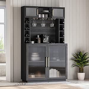 BELLEZE Coffee Wine Bar Cabinet with Power Outlet, 72" Rustic Liquor Cabinet, Tall Fluted Buffet Cabinet with Storage Kitchen Pantry Cupboard Wine& Glasses Rack Server with Hutch for Home Dining Room, Kitchen Pantry Cupboard, Cabinet Tall, Coffee/wine Bar, Cabinet Gray, Home Dining Room, Pantry Cupboard, Wine Bar Cabinet, Organized Storage, Home Bar Furniture