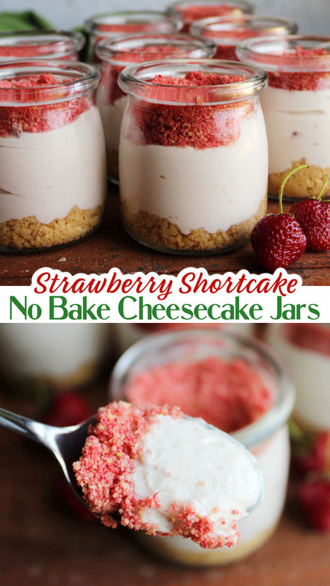 No bake strawberry shortcake cheesecake jars feature a layer of vanilla cookie crumb crust, fluffy strawberry cheesecake filling, and a yummy strawberry crumb topping. They are a fun, portable, single serve dessert. They are perfect for spring and summer parties. This is a recipe you are going to want to come back to over and over again. Strawberry Shortcake No Bake, No Bake Strawberry Crunch Cheesecake, No Bake Strawberry Shortcake, Charcuterie Breakfast, Strawberry Cheesecake No Bake, Cookie Crumb Crust, Strawberry Crunch Cheesecake, Cheesecake Jars, Crunch Cheesecake