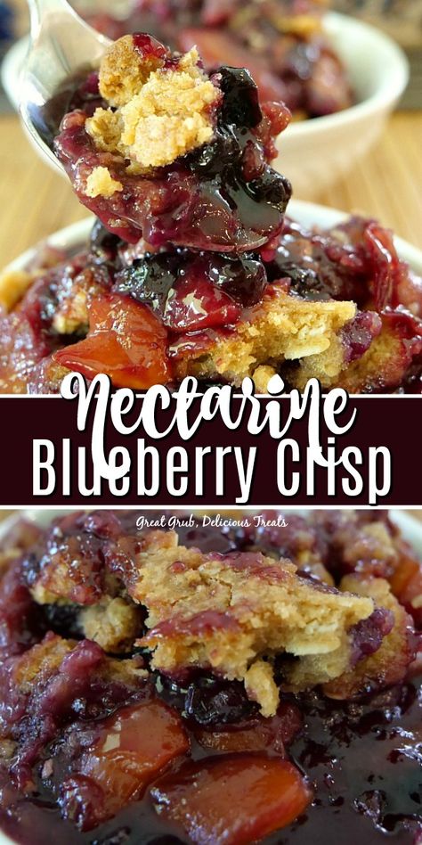 Nectarine Blueberry Crisp is loaded with sweet nectarines and blueberries, topped with a delicious crunchy topping. #nectarine #blueberry #crisps #homemade #greatgrubdelicioustreats Nectarine Cobbler Crisp, Dessert With Nectarines, Over Ripe Nectarine Recipes, What To Do With Nectarines, Frozen Nectarine Recipes, Nectarine Desserts, Nectarine Breakfast, Blueberry Nectarine Crisp, Nectarine Dessert