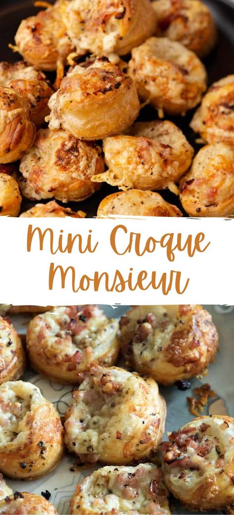 Collage of cheesy mini croque monsieur at top and bottom. French Baguette Appetizers, France Appetizers, French Brunch Recipes, Mini Puff Pastry Appetizers, French Inspired Appetizers, French Appetizers France, Puff Pastry Croque Madame, French Hors D’oeuvres, French Croque Monsieur