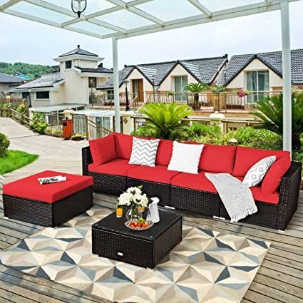 RELAX4LIFE 6-Piece Patio Sofa Set - Outdoor Sectional Sofa Set Wicker Conversation Set w/Table & Removable Cushions, Modular Sofa Set Patio Furniture for Backyard, Poolside, Balcony (Red) Rattan Sofa Set, Wicker Sectional, Rattan Furniture Set, Sectional Furniture, Corner Sofas, Red Sofa, Patio Sectional, Modern Outdoor Furniture, Ottoman Sofa