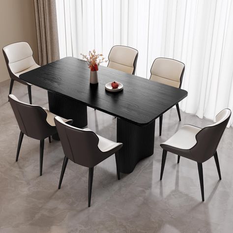 PRICES MAY VARY. Modern Farmhouse Style: Embrace the simple, yet elegant aesthetics of modern farmhouse design with the QEZEOM 7 Piece Dining Set. This sleek black dining table set for 6 features a striking wood grain desktop and wavy, sturdy legs, perfectly blending into any kitchen and dining room furniture collection. Spacious & Versatile: Designed with your comfort and utility in mind, our large dining table measures 62.99 inches in length, comfortably seating 6-8 people. Its rectangular sha Black Counter Height Dining Table, Dining Room Decor For Apartment, Dining Table For Apartment, Black Kitchen Table And Chairs, Modern Contemporary Dining Table, Black Dining Room Sets, Dining Table Set For 6, Black Dining Table Set, Black Dining Room Table