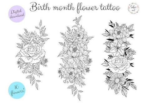 Custom Birth Month Flower Tattoo 1 to 8 Flowers Stemless - Etsy Family Birth Month Flower Tattoos, All Flowers Name, Eva Tattoo, Floral Bouquet Tattoo, Birth Flower Tattoos Ideas Families, Month Flower Tattoo, Beautiful Tattoo Designs, Flower Bouquet Tattoo, Boho Tattoos