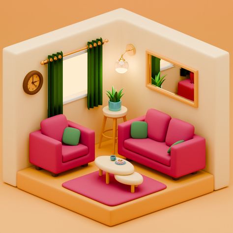 3D Low Poly Isometric Living Room for Game Art, on ArtStation at https://www.artstation.com/artwork/qe5Qry #3d #3dblender #3drender #3dmodeling #lowpoly #modeling #cozyroom #3droom #gameart #blender #render #rendering #pinkroom #dreamroom #izometricroom 3d Low Poly Room, Ikea Campaign, Low Poly Interior, Isometric Living Room, Low Poly Isometric, Blender Low Poly, Pink Sofas, Isometric Perspective, Isometric Room