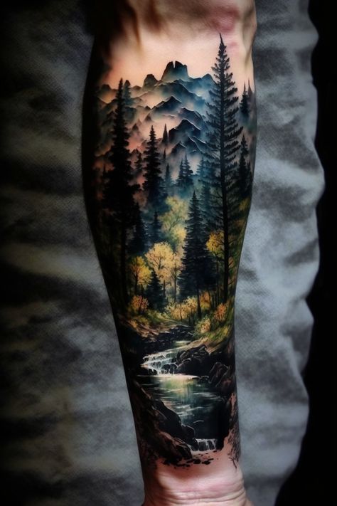 Want more tattoo ideas? ☕️ Support me 👉 buymeacoffee.com/29tattoolab Sean Tattoo, Cool Space Tattoos, Landscape Tattoos, New Tattoo Ideas, Forest Tattoo Sleeve, Nature Sleeve, Forearm Cover Up Tattoos, Tree Sleeve Tattoo, Nature Tattoo Ideas