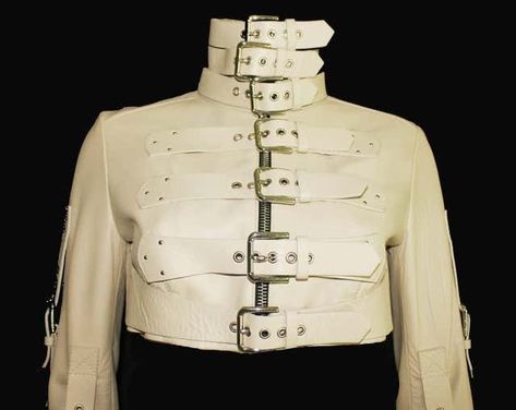 Back Of Leather Jacket, Straight Jacket Asylum, Straight Jacket Fashion, Jojo Outfits, Dark Couture, Leather Jacket Design, Buckle Jackets, Suit Combinations, Leather Suit