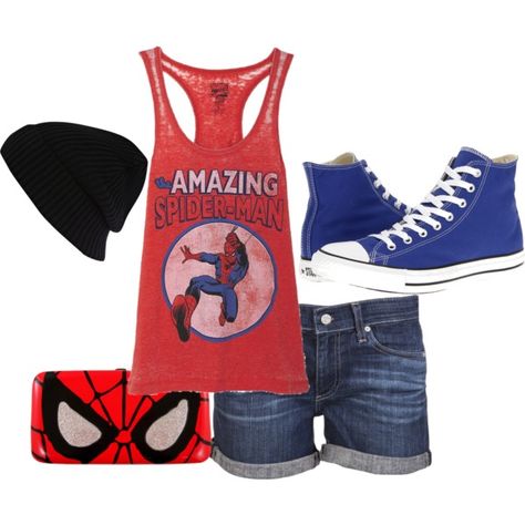 Spider Fan by iskbug on Polyvore Spiderman Shirt Cropped, Spiderman Shorts, Vans Outfit, Long Shorts, Summer Wear, Spring Summer Outfits, Style Me, Summer Outfits, Summer Fashion