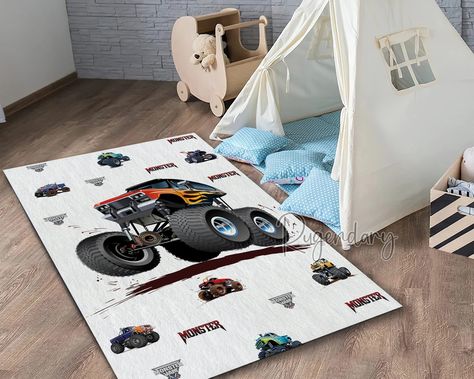 Monster Truck Themed Cool Boy Room Rug, Ultra Soft Modern Children Room Carpet, Kids Play Mat, Baby Boy Gift - Etsy Monster Truck Themed Bedroom, Monster Truck Bedroom, Monster Truck Room, Cool Boys Room, Truck Bedroom, Boy Room Themes, Play Mat Baby, Truck Room, Boys Room Rugs