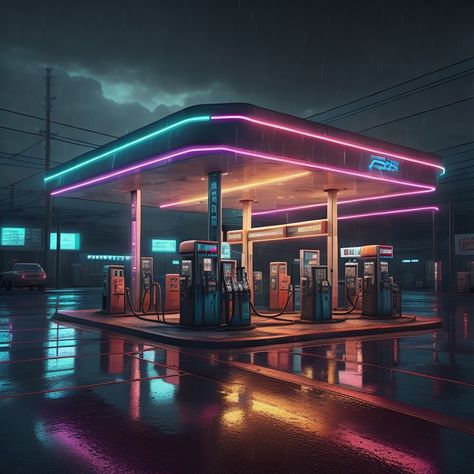 Futuristic Gas Station Bloxburg Gas Station, Aesthetic Gas Station, Retro Gas Station Aesthetic, Futuristic Garage, 80s Gas Station Aesthetic, Cyberpunk Gas Station, Gas Station Aesthetic, 80s Gas Station, Futuristic Gas Station