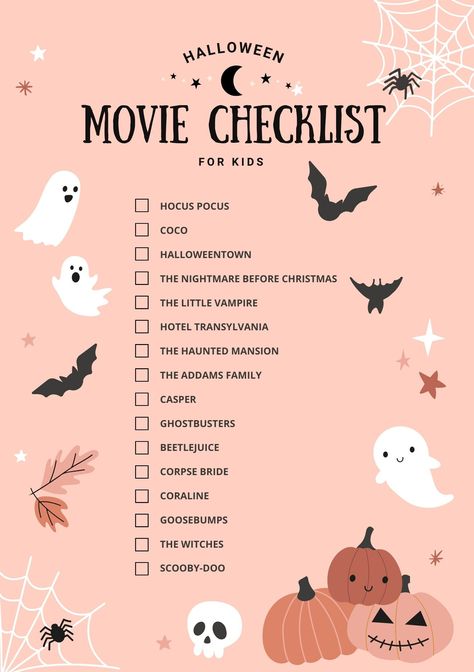 Halloween Film Checklist for Kids - Digital Download (A5 Size) 🎃 Get your little ones in the Halloween spirit with our fun and engaging Halloween Film Checklist for Kids! This digital download is perfect for families who love to cozy up and watch spooky (but kid-friendly) movies during the Halloween season. 🧡 What's Included: - A beautifully designed A5-sized checklist featuring 16 age-appropriate Halloween films 🕸️ Features: - Instant Download: Get your checklist immediately after purchase and start planning your Halloween movie marathon tonight! - Printable: High-resolution A5 PDF that you can print at home or at your favourite print shop. - Kid-Friendly: All films are carefully selected to be family-friendly, ensuring fun without the fright. - Interactive: Encourage your kids to chec Halloween Movie Marathon Ideas, Halloween Movies For Kids Families, Halloween Movies List For Kids, Halloween Movies To Watch With Friends, Diy Halloween Movie Night, Fall Movie Checklist, Spooky Night With Kids, Halloween Friend Activities, Kids Halloween Movie List