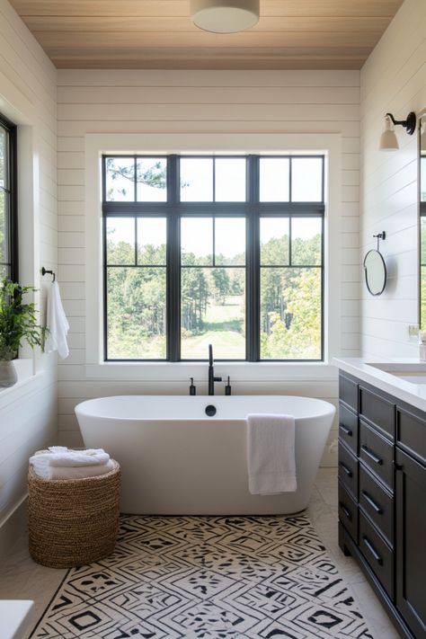 You don't have to go with the standard shiplap construction when remodeling your bathroom - there are actually lots of types of shiplap that you can use to make your bathroom walls really special. You can see some good examples and ideas here. Master Ideas Bathroom, Farmhouse Master Bath Shower Ideas, Types Of Shiplap, Modern Rustic Farmhouse Bathroom, Shiplap In Bathroom, Shiplap Bathroom Ideas, Bathroom Window Ideas, Farmhouse Tub, Farmhouse Shower Tile