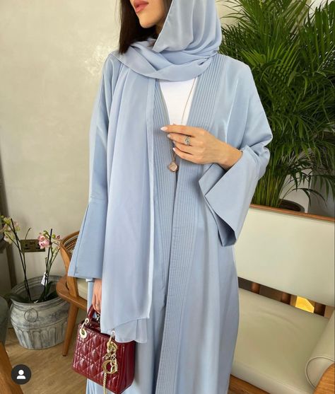 Abaya modest trendy 2022 fashion Blue Abaya Outfit, Light Blue Hijab, Light Blue Abaya, Blue Hijab Outfit, White Abaya, Blue Abaya, Blue Hijab, Muslim Outfit, Abaya Outfit