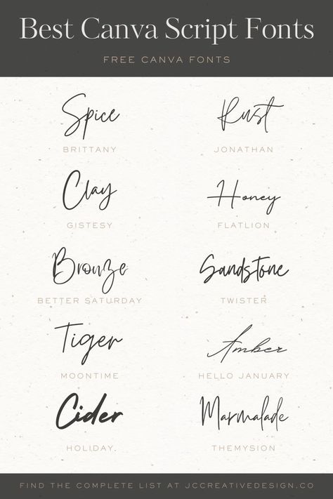 The Best Fonts on Canva: 55 Elegant Free Script Fonts Free Monoline Font, Best Canva Wedding Fonts, Canva Font Combinations Wedding, Font Pairing Wedding, Flowy Fonts, Calligraphy Fonts Canva, Simple Cursive Font, Script Fonts Free, Canva Typography