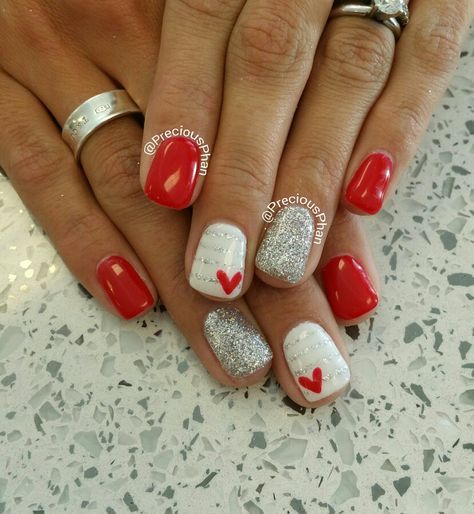 Heart Nails For Valentines Day, February Nails Dip Powder, Valentine’s Day French Manicure, Valentine’s Day Shellac Nails, Valentine Themed Nails, Pink Red And White Nails Valentines Day, Valentine Sns Nails, Short Square Valentines Nails Red, Red And White Nails Valentines