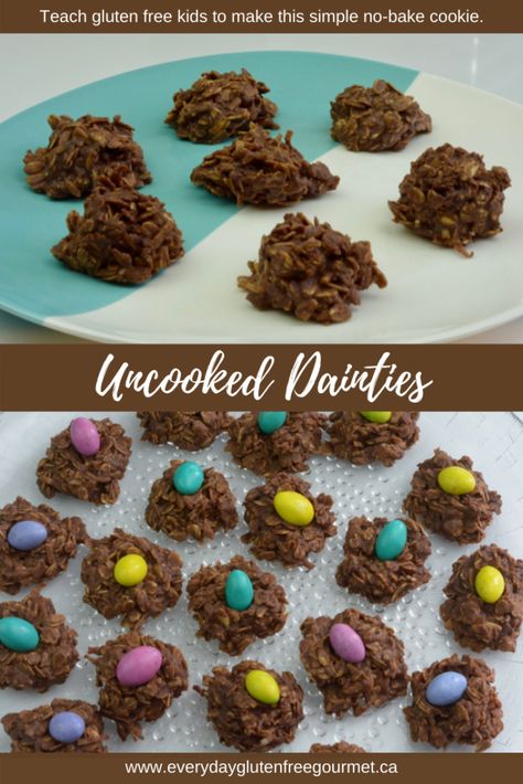 Uncooked Dainties plain and some decorated with Easter eggs. Uncooked Cookies, Easy No Bake Cookies, Cookies Chewy, Gluten Free Kids, Big Cookie, Easter Eggs Chocolate, Late At Night, Drop Cookies, Homemade Granola