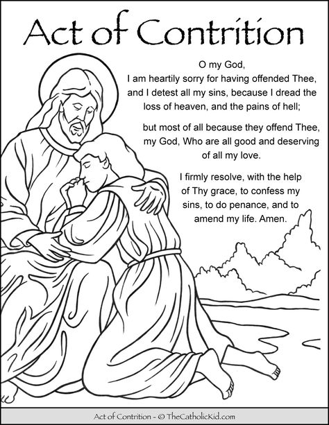 Act of Contrition Prayer Kids Coloring Page Printout - TheCatholicKid.com Act Of Contrition Prayer Activity, Act Of Contrition Prayer Catholic, Act Of Contrition Prayer, Catholic Coloring Pages, Act Of Contrition, Ccd Activities, Catholic Kids Crafts, Catholic Kids Activities, Catholic Sacraments