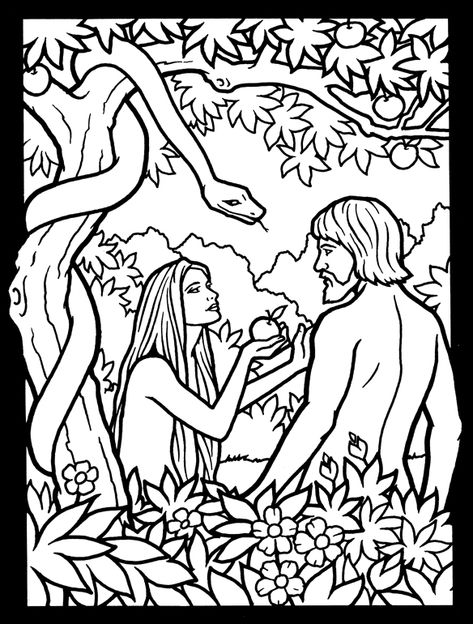 Old Testament Scenes Stained Glass Coloring Book Dover Publications Sunday School Coloring Sheets, Story Of Adam And Eve, Sunday School Coloring Pages, Illustration For Kids, Page Illustration, Glass Panes, Bible Verse Coloring, Adam Eve, School Coloring Pages