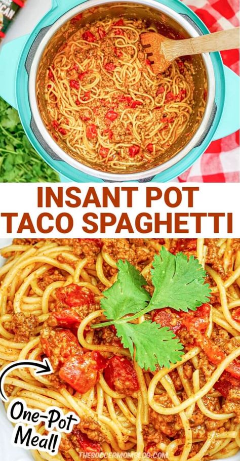 Taco Tuesday takes on a whole new meaning with Taco Spaghetti! This easy one-pot meal is ready in 20 minutes in the Instant Pot — perfect for busy weeknights! Instant Pot Taco Spaghetti, Instant Pot Mexican Recipes, 7 Layer Dip Cups, Fast Family Dinners, Taco Cups Recipe, Dip Party, 7 Layer Dip, Taco Spaghetti, Seven Layer Dip