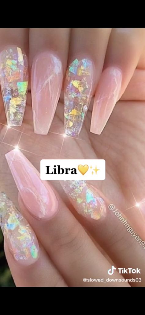 Encapsulated Acrylic Nail Designs, Festival Nails 2023, French Opal Nails, Sparkle Flake Nails, Glass Glitter Nails, Mermaid Nails Design Acrylic, Iridescent Nail Art Designs, Clear Nails With Pink Design, Clear With Glitter Nails