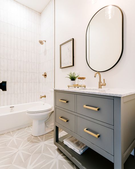 Grey Bathroom Vanity Gold Hardware, Guest Bathroom Ideas Blue Vanity, Gray White And Gold Bathroom, Small Full Bathroom Ideas Modern, Colored Tile Bathroom, Hallway Bathroom Ideas, Transitional Small Bathroom, Patterned Tile Bathroom, Makeover Kamar Mandi