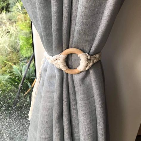 Curtain Tie Backs Diy, Rope Curtain Tie Back, Rope Curtain, Wooden Curtain, Tie Back Hooks, Diy Curtain, Curtain Tie Back Hooks, Handmade Curtains, Wood Curtain