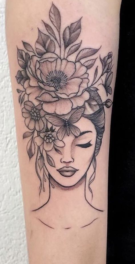 Floral Lady Head Tattoo, Lady With Flower Head Tattoo, Women With Flower Head Tattoo, Nature Woman Tattoo, Floral Woman Tattoo, Floral Head Tattoo, Face With Flowers Tattoo, Beautiful Woman Tattoo, Flower Head Tattoo