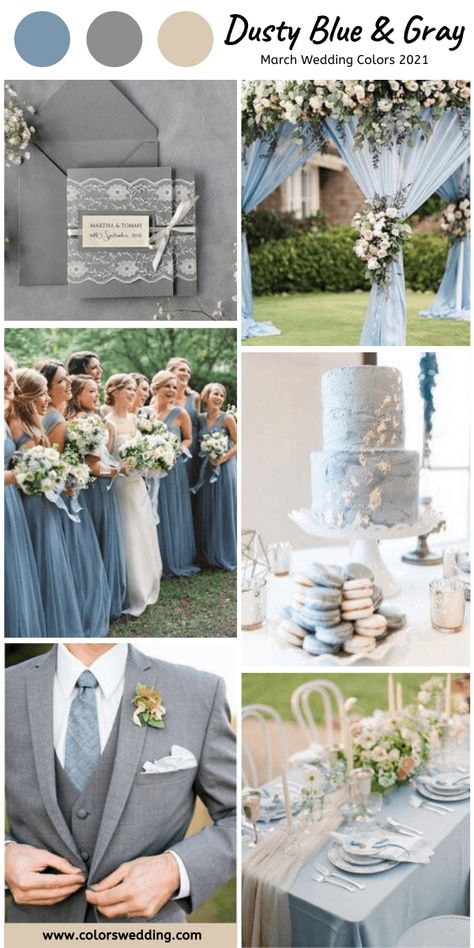 Dusty Blue And Dark Grey Wedding, Blue Grey Wedding Colors, Dusty Blue And Grey Wedding, Blue And Grey Wedding, Blue Gray Wedding, Blue And Gray Wedding, March Wedding Colors, Grey Wedding Theme, Wedding Color Palettes