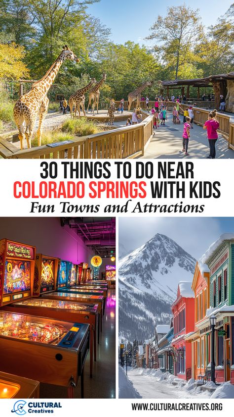 A zoo with giraffes, a arcade with pinball machines, and a snowy mountain town, showcasing 30 Things to Do Near Colorado Springs with Kids. Things To Do In Colorado Springs Winter, Colorado Springs Colorado, Things To Do In Castle Rock Colorado, What To Do In Colorado Springs, Things To Do In Colorado Springs, Colorado Things To Do, Denver Colorado Things To Do, Colorado Springs With Kids, Florissant Colorado