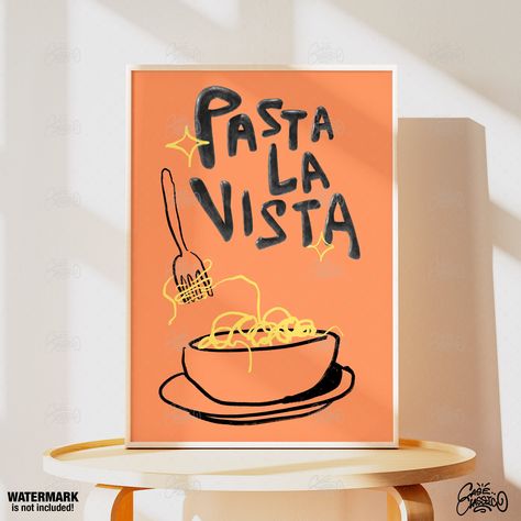 Pasta La Vista, Kitchen Prints, Pasta Poster, Cooking Poster, Kitchen Wall Art, Pasta Wall Art, Fine Art Print, Minimalist Wall Art by CaseClassico on Etsy Pasta Poster Design, Trendy Kitchen Wall Art, Cooking Poster, Bar Poster, Cafe Wall, Indie Room Decor, Indie Room, Feminist Art, Kitchen Prints