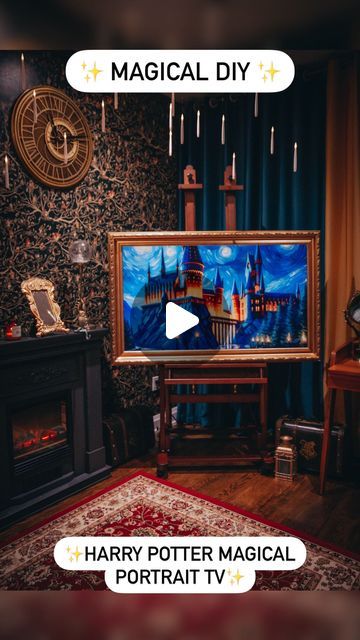 The Wizarding Sibs on Instagram: "✨Ultimate Magical DIY: Moving Potrait TV✨ We did the ultimate magical DIY by mounting our TV on an easel, turning it into a moving portrait just like at Hogwarts!! 🎨🪄✨Thanks to @decotvframes we were able to find the perfect ornate gold frame for our TV #adpr ✨ We found an easel that was sturdy enough to bear the weight of the TV and frame ✨ The easel has wheels so it’s portable! We can move the TV around to any of our rooms. This also avoided the need of drilling into any wall and ruining the wallpaper! ✨ The gold frame by @decotvframes was so easy to assemble and pop on! They have a ton of different styles to choose from 🫶🏻 ✨ We can’t wait to play around with this TV and create more magical moving portraits This has been a goal of mine for awhile and Diy Moving, Harry Potter Style, Harry Potter Decor, Harry Potter Diy, Movie Room, The Wallpaper, Glamping, Gold Frame, Hogwarts