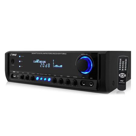 Pyle PT390AU - 300 Watt Digital Home Theater Stereo Receiver, Aux (3.5mm) Input, MP3/USB/AM/FM Radio, (2) Mic Inputs, Black Home Theater Amplifier, Home Theater Speaker System, Home Theater Receiver, Speaker Systems, Home Theater Speakers, Speaker System, Power Amplifiers, Card Reader, Audio System