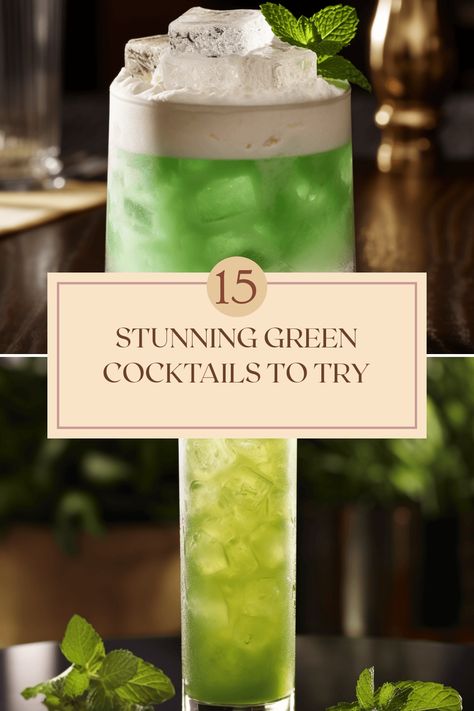 Green cocktails are setting the bar for a refreshing twist on traditional drinks. This collection showcases 15 flavor-packed examples including classics like the Mojito and unique blends like Shamrock Sour and Green Tea Mojito. You will experience the perfect balance of sweet and tangy with each sip, enhanced by vibrant hues of green that are mesmerizing. Ideal for parties or simply unwinding, these invigorating drink recipes will impress guests and satisfy your taste buds. Explore these delightful green cocktail options to brighten any occasion! Green Mixed Drinks Alcohol, Green Cocktail Aesthetic, Green Cocktail Recipes, Green Alcoholic Drinks For A Party, Green Drinks Alcohol, Green Alcoholic Drinks, Midori Cocktails, Green Tea Cocktail, Leprechaun Cocktail