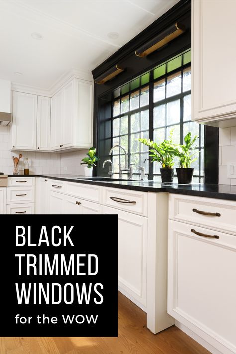 White Walls Black Trim Kitchen, White Kitchen Black Trim, Black Inset Windows, Window Trim Ideas Interior Black Windows, Black Window Frames Interior White Trim, Black Kitchen Windows, Window Trim Ideas Interior Paint Colors, Black Trim White Windows, Black Interior Windows With White Trim