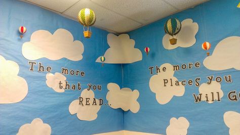 My hot air balloon themed classroom! I love how it turned out! http://tiffaniberthold.wordpress.com/2014/08/06/back-to-school-night/ Clouds Classroom Theme, Sky Classroom Decor, The Sky Is The Limit Classroom Theme, Sky Theme Classroom Decorations, Cloud Themed Classroom, Sky Themed Classroom, Sky Classroom Theme, Cloud Classroom Theme, Cloud Classroom Decor