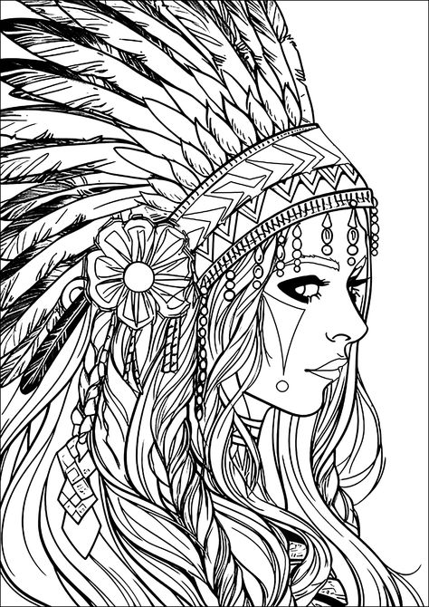 Young woman with Indian headdress - JustColor.net : Free printable coloring pages for adults and kids Ancient Greece Mythology, Girl Coloring Pages, Candy Coloring Pages, Egypt Hieroglyphics, Tibet Art, Pop Art Tattoos, Stencil Outline, Anime Mermaid, Coloring Page For Adults