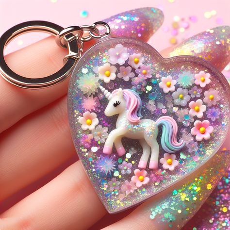 This delightful resin art keychain features a 3D mini unicorn encased in pastel colors with iridescent glitter. The heart shape symbolizes love, and it's complete with a silver keyring. Perfect for teens! #ResinArtKeychain #PastelUnicorn #TeenAccessories #HeartKeychain #IridescentGlitter #GiftsForTeens Resin Art Keychain, Art Keychain, Hello Kitty Cupcakes, Keychain Ideas, Unicorn Birthday Cake, Unicorn Charm, Fantasy Decor, Resin Keychain, Abstract Iphone Wallpaper