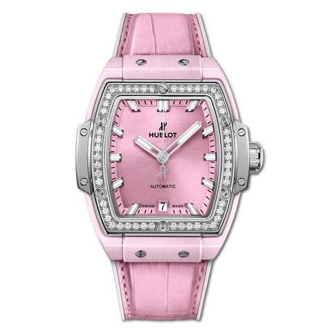 665.RN.891P.LR.1204 Hublot. This watch has 39 mm Polished and satin-finished pink ceramic. Polished titanium bezel set with 50 Diamonds for ~1.0ct 6 H-shaped titanium screws. Satin-finished pink sunray dial. White rubber and pink alligator straps with stainless steel deployant buckle clasp. HUB1710 self-winding movement. Power reserve 50 hours. Functions: date, hour, minute, seconds. Water resistant up to 100m / 330ft. 665.RN.891P.LR.1204 Hublot Ceramic & Titanium & Diamonds Watch. Bang Reference, Hublot Classic, Swiss Watch Brands, Hublot Watches, Rose Gold Brown, Ceramic Watch, Expensive Watches, Rubber Watches, Diamond Jewelry Designs