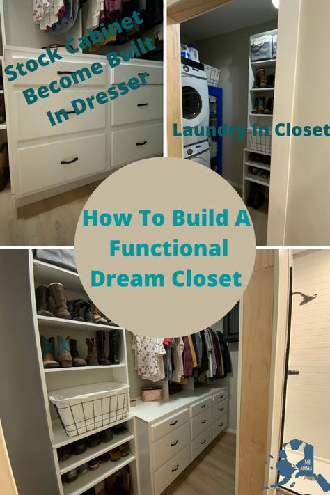 We built a beautiful closet in our small space. Using stock Home Depot Cabinets. We added a stacking washer and dryer to the space. A minimal closet that dreams are made of. Home Depot Stock Cabinets, Master Closet With Washer And Dryer, Inside Of Closet, Stacking Washer And Dryer, Closet With Laundry, Home Depot Closet, Home Depot Cabinets, Small Master Closet, Minimal Closet