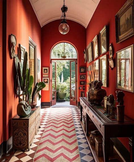 Red Entryway, Red Hallway, Victorian Hall, Interior Hallway, Fresh Interior, Florida Aesthetic, Hallway Entrance, Set Decoration, Beacon Hill