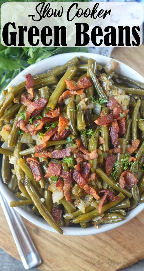 Slow Cooker Green Bean Recipes, Southern Style Green Beans, Crockpot Green Beans, Vegetable Slow Cooker, Southern Green Beans, Slow Cooker Green Beans, Beans With Bacon, Beans Beans, Green Beans With Bacon