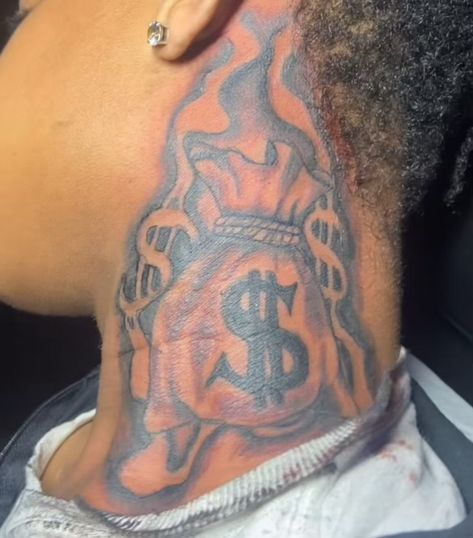 Dice Neck Tattoo, Black Hood Tattoos For Men, Flame Neck Tattoo Men, Money Bag Neck Tattoo, Hood Arm Tattoos Men, Money Neck Tattoos, Fire Neck Tattoo, Neck Tattoos For Men Black, Flame Neck Tattoo