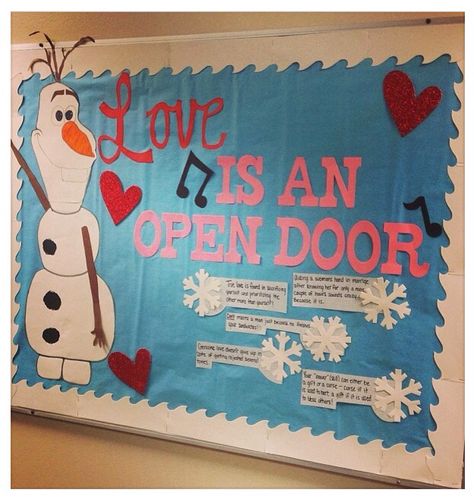 Frozen February bulletin board Olaf Bulletin Board, Love Is An Open Door, February Bulletin Boards, Valentine Bulletin Boards, Door Bulletin Boards, Valentines Day Bulletin Board, Bullentin Boards, Winter Bulletin Boards, Preschool Bulletin