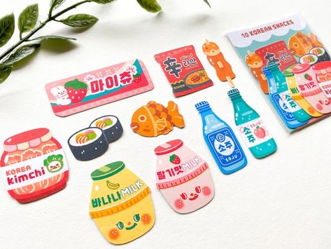 Cute Snack Packaging, Things Made Out Of Paper, Korean Stickers Aesthetic, Korean Packaging, Cute Food Stickers, Korean Items, Sticker Food, Sticker Photo, Sticker Design Inspiration