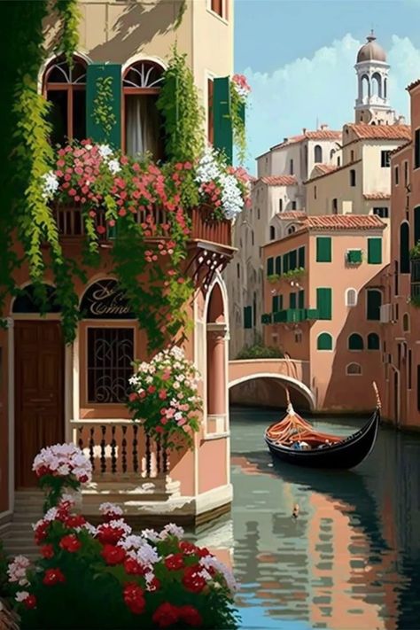 Venice House, Venice Painting, Italian Posters, Flower House, Club Decor, Italy Landscape, Watercolor Architecture, Italy Venice, Italy Painting