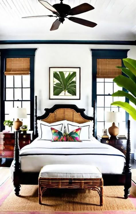 British Colonial Bedroom Decor, British Colonial Style Bedroom, West Indies Bedroom, British Colonial Interior Design, Colonial Style Bedroom, British Colonial Bedroom, Green Exterior House, Colonial Style Interior, Tropical British Colonial