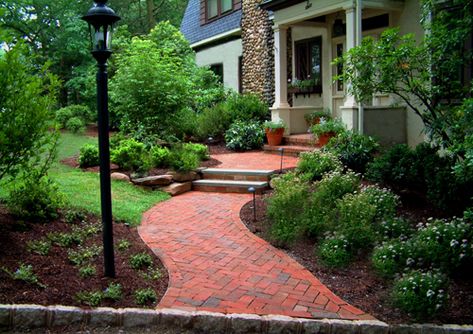 Beautiful front yard landscape design. Bluestone Steps, Brick Pathway, Walkway Landscaping, Walkway Design, Brick Walkway, Outdoor Walkway, Paver Walkway, Front Garden Landscape, Backyard Garden Landscape